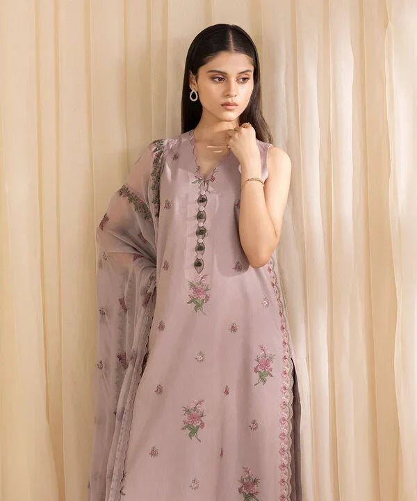 3 Piece - Embroidered Cotton Satin Suit