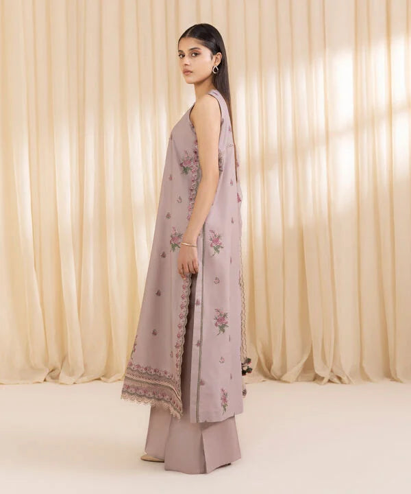 3 Piece - Embroidered Cotton Satin Suit