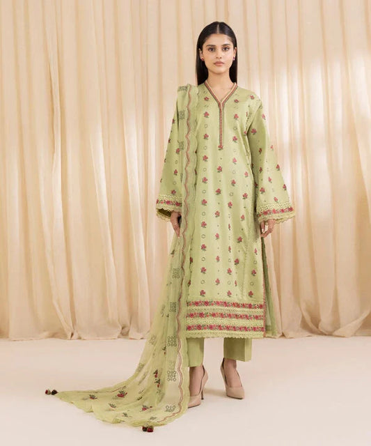 3 Piece - Embroidered Cotton Satin Suit