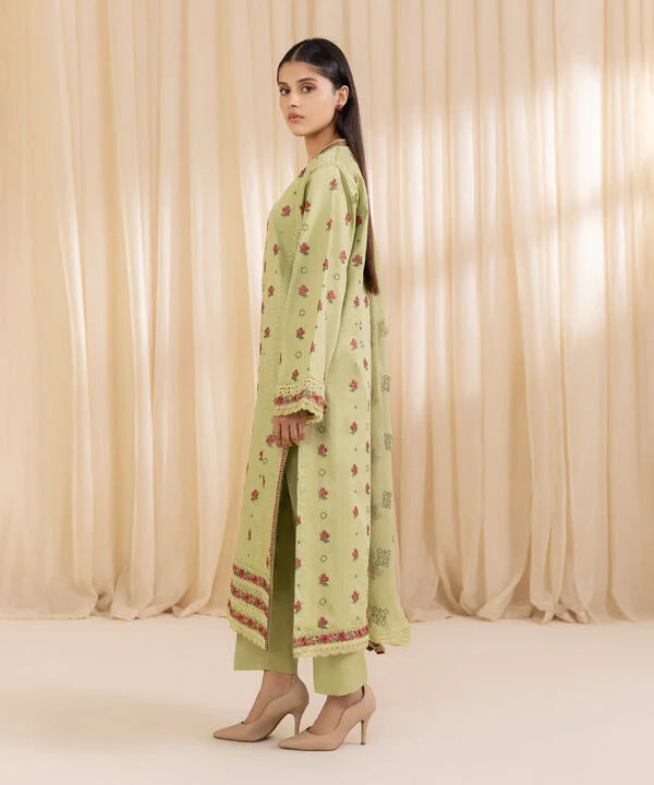 3 Piece - Embroidered Cotton Satin Suit