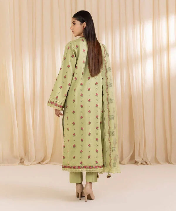 3 Piece - Embroidered Cotton Satin Suit