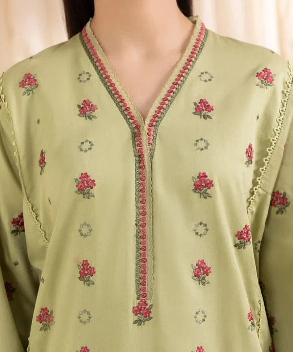 3 Piece - Embroidered Cotton Satin Suit