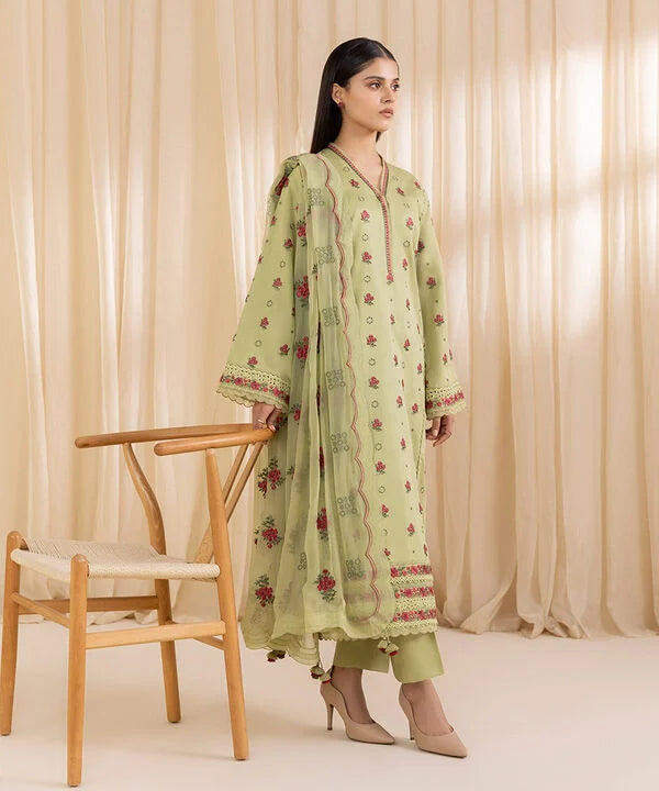 3 Piece - Embroidered Cotton Satin Suit