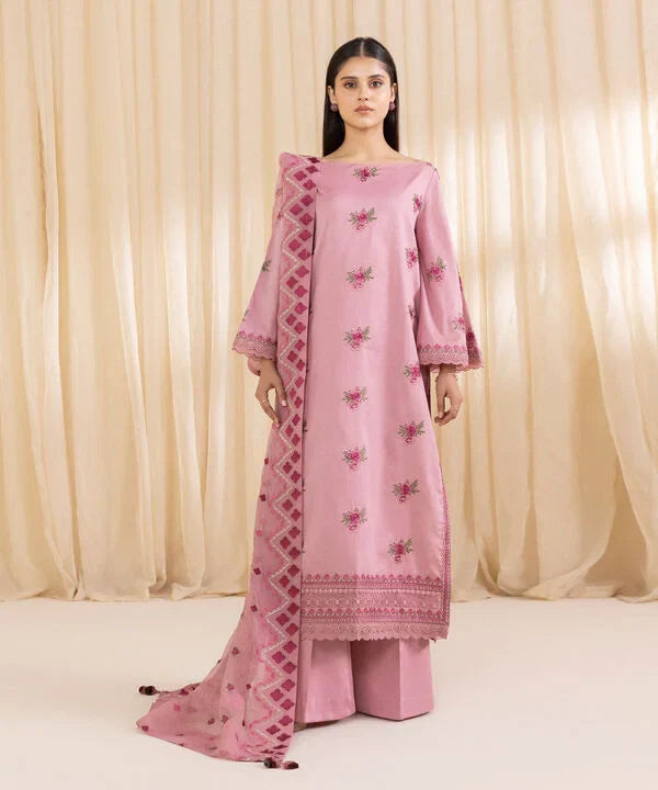 3 Piece - Embroidered Cotton Satin Suit