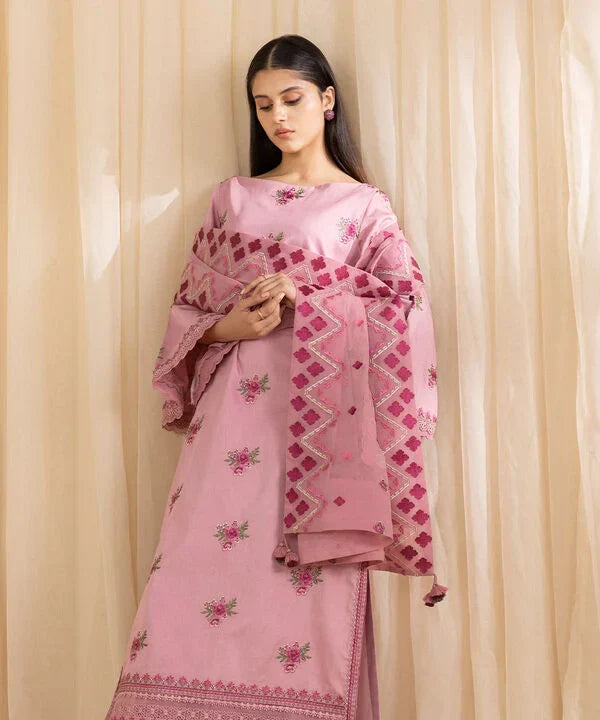 3 Piece - Embroidered Cotton Satin Suit