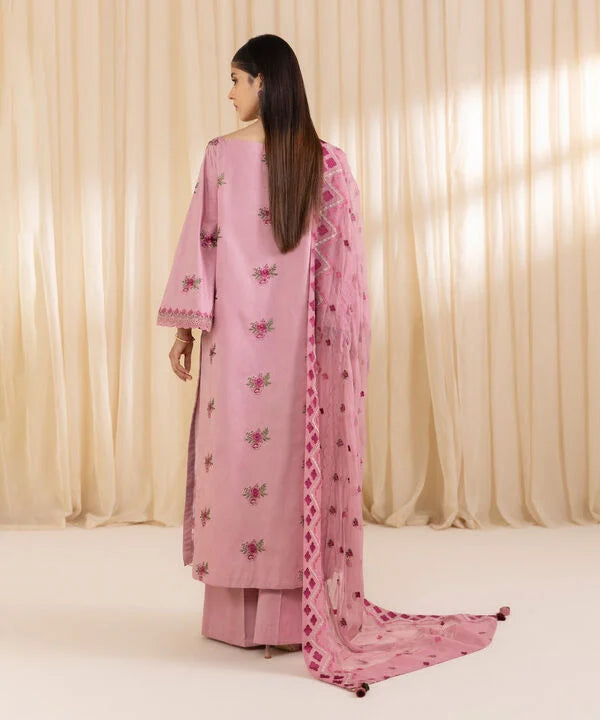 3 Piece - Embroidered Cotton Satin Suit