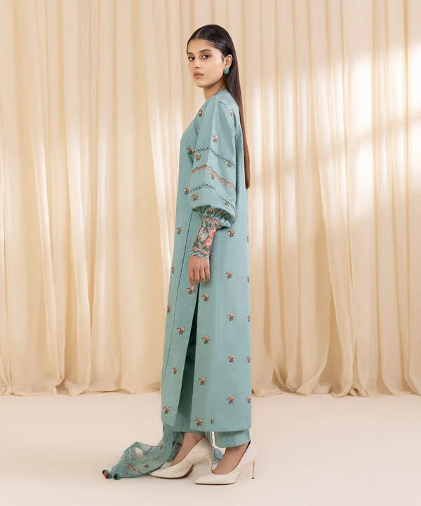 3 Piece - Embroidered Cotton Satin Suit