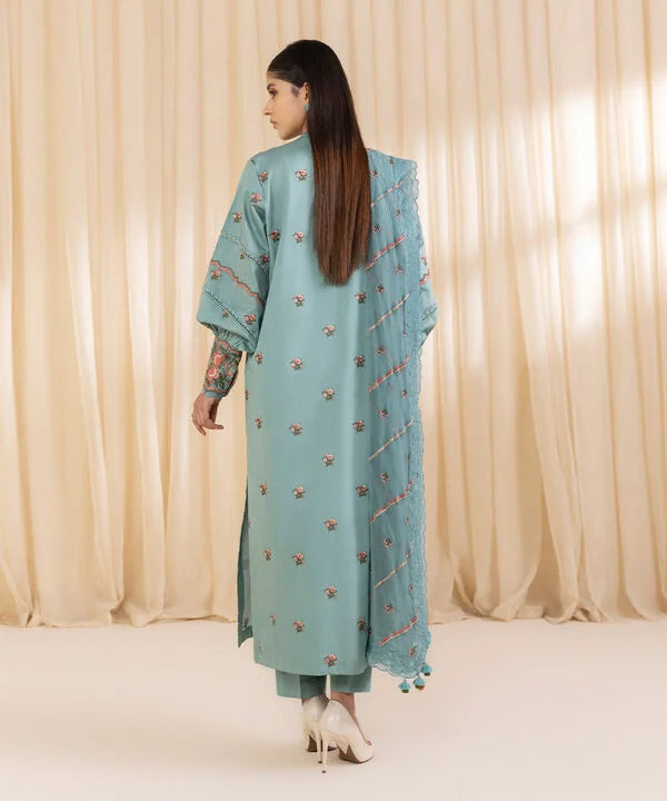 3 Piece - Embroidered Cotton Satin Suit