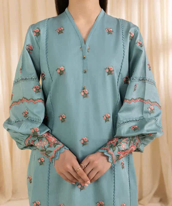 3 Piece - Embroidered Cotton Satin Suit