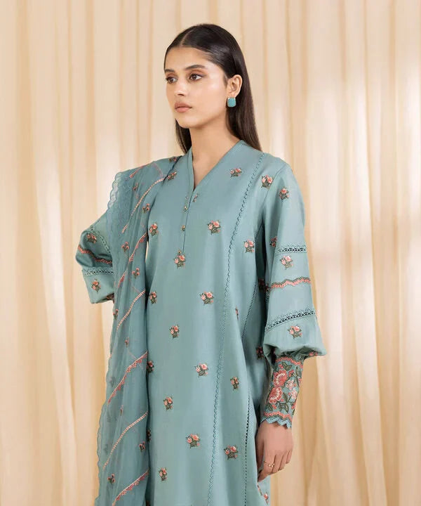 3 Piece - Embroidered Cotton Satin Suit