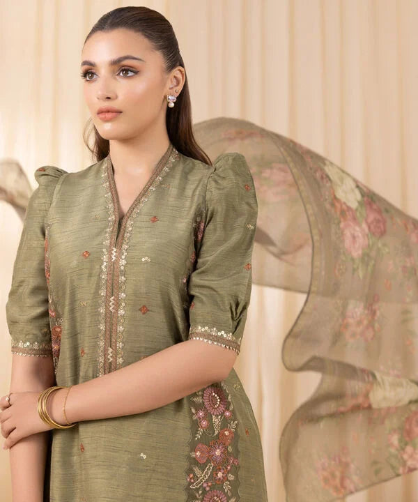 3 Piece - Embroidered Silk Suit