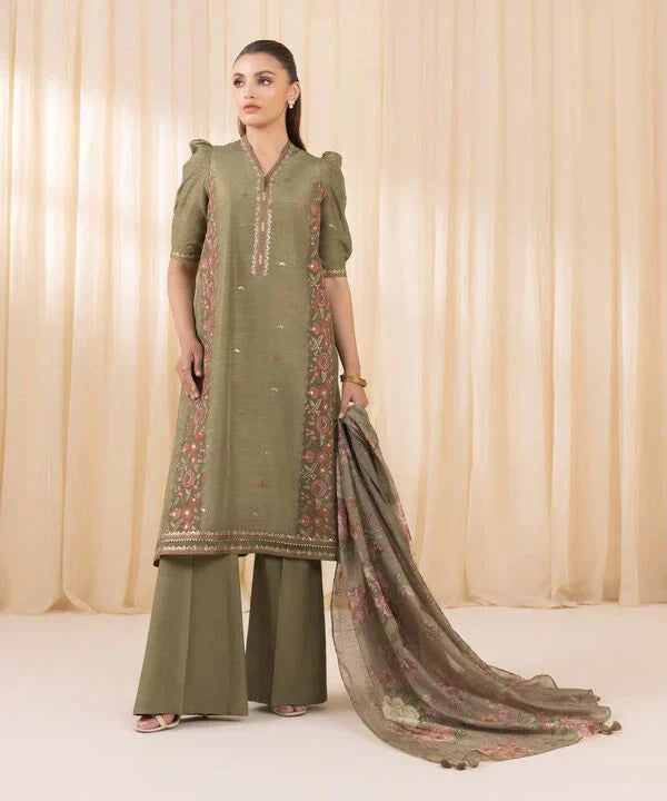 3 Piece - Embroidered Silk Suit