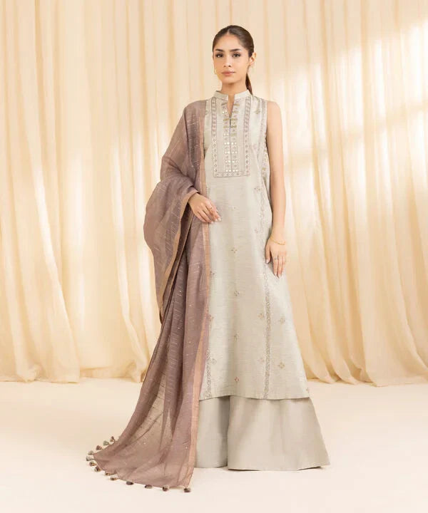 3 Piece - Embroidered Silk Suit