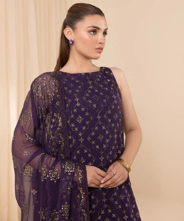 3 Piece - Embroidered Chiffon Suit