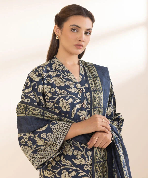 Navy Blue Printed Cotton 2-Piece Suit with Matching Voile Dupatta