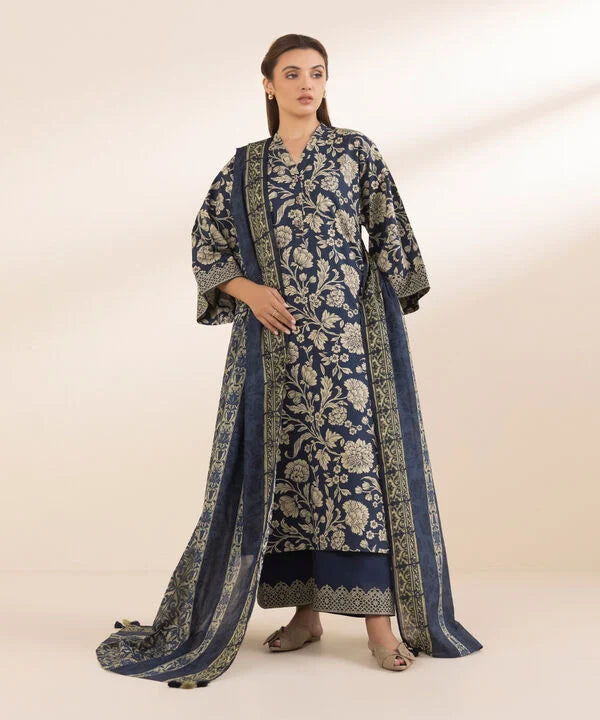 Navy Blue Printed Cotton 2-Piece Suit with Matching Voile Dupatta