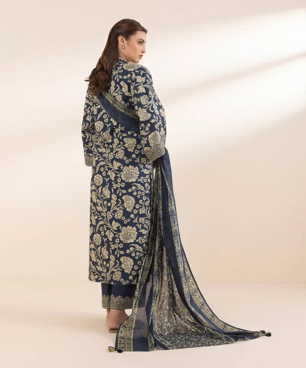 Navy Blue Printed Cotton 2-Piece Suit with Matching Voile Dupatta