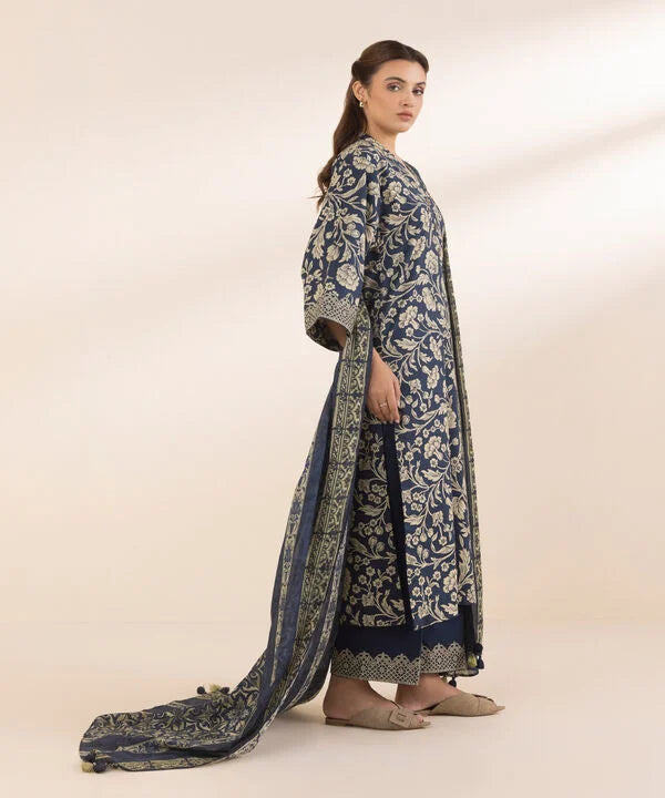 Navy Blue Printed Cotton 2-Piece Suit with Matching Voile Dupatta