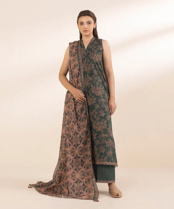 Dark Forest Green Printed Cotton 2-Piece Suit with Dusky Sea Pink Voile Dupatta