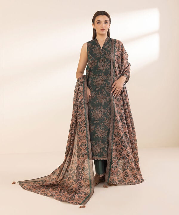 Dark Forest Green Printed Cotton 2-Piece Suit with Dusky Sea Pink Voile Dupatta