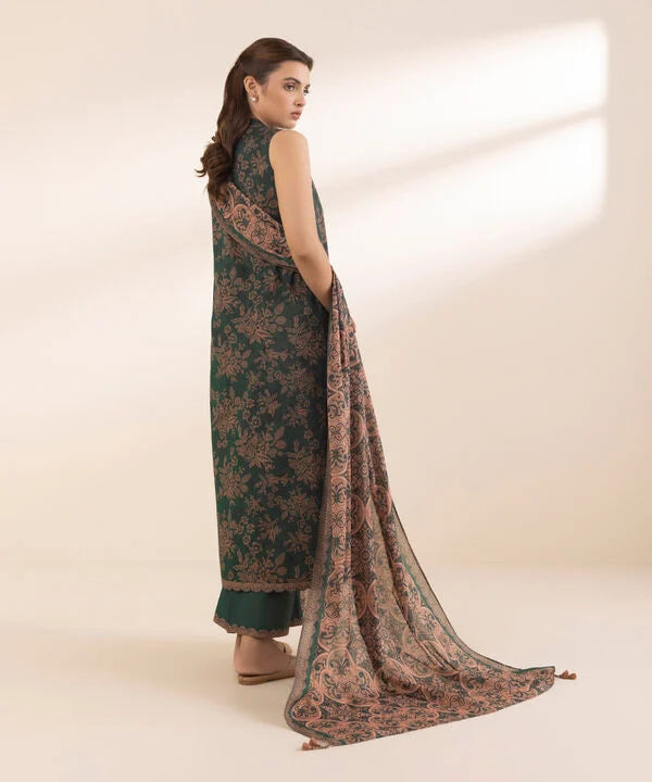 Dark Forest Green Printed Cotton 2-Piece Suit with Dusky Sea Pink Voile Dupatta