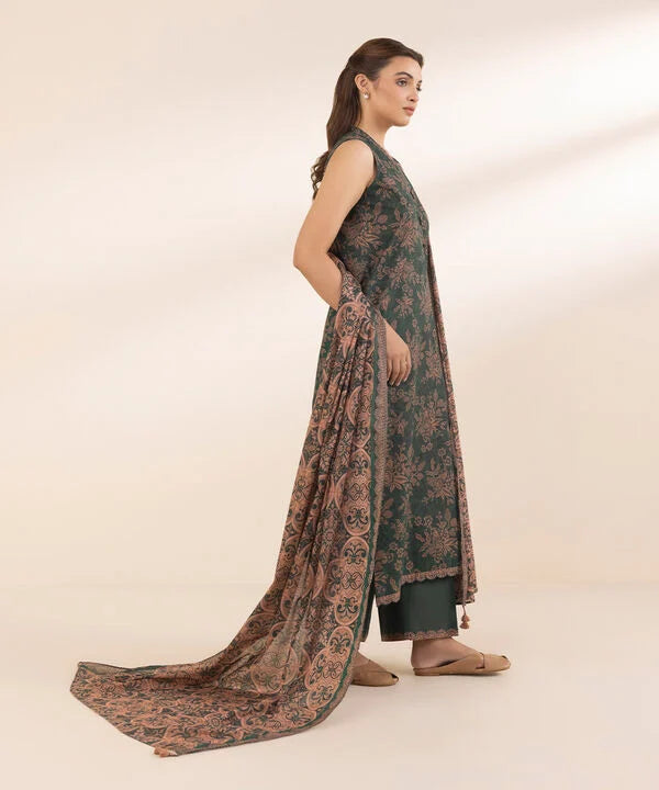 Dark Forest Green Printed Cotton 2-Piece Suit with Dusky Sea Pink Voile Dupatta