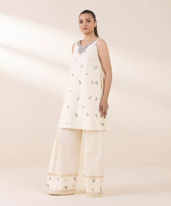 2 Piece - Embroidered Cotton Suit