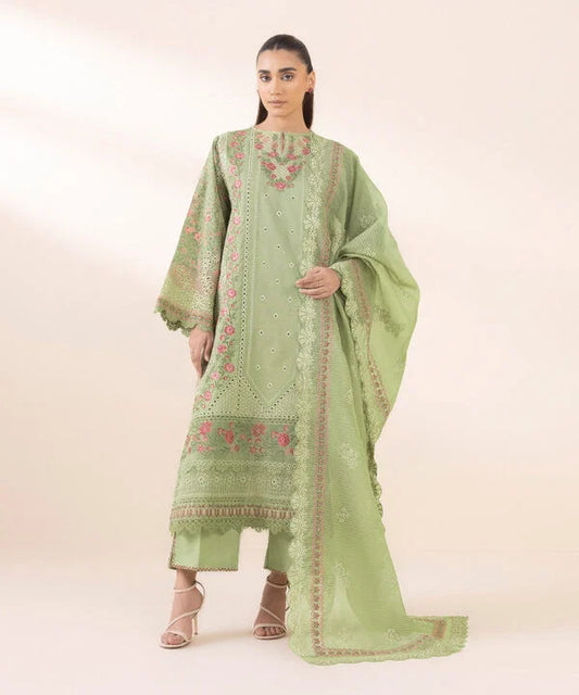 3 Piece - Embroidered Cotton Satin Suit