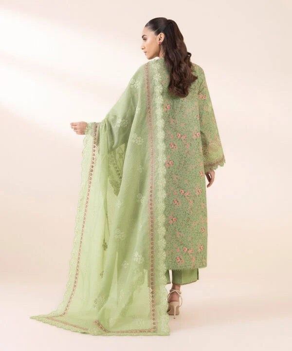 3 Piece - Embroidered Cotton Satin Suit