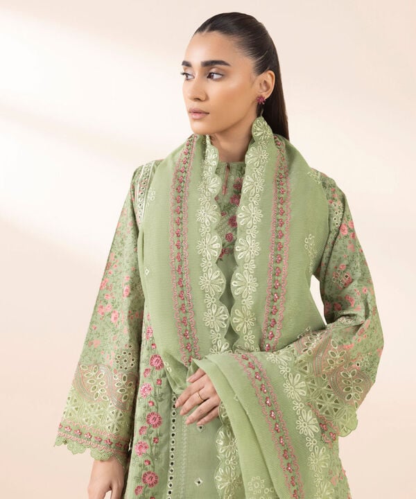 3 Piece - Embroidered Cotton Satin Suit