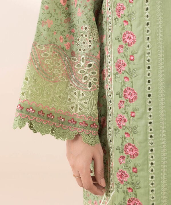 3 Piece - Embroidered Cotton Satin Suit