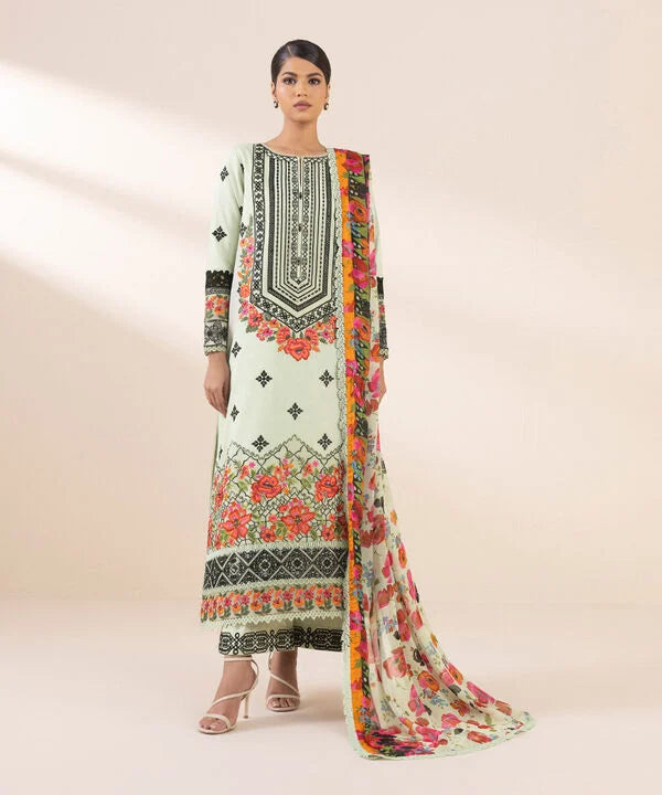 3 Piece - Embroidered Cotton Satin Suit