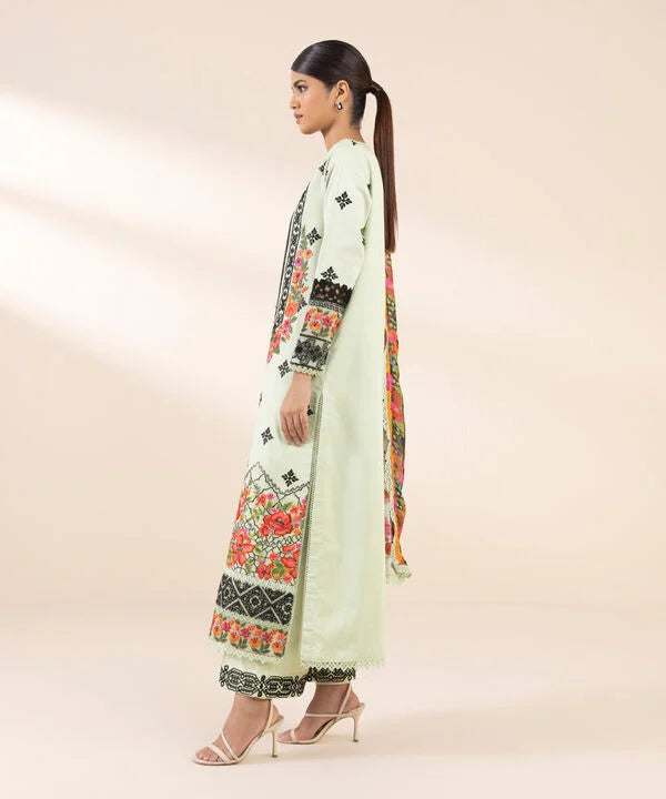 3 Piece - Embroidered Cotton Satin Suit