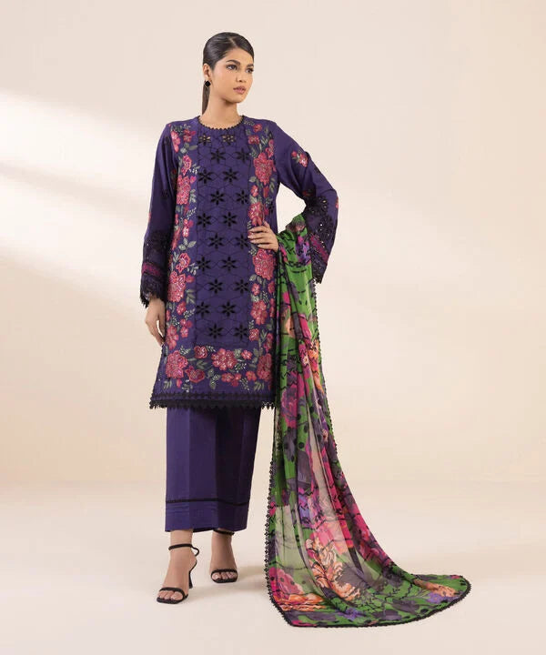 3 Piece - Embroidered Cotton Satin Suit