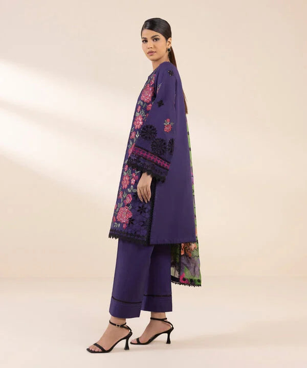 3 Piece - Embroidered Cotton Satin Suit