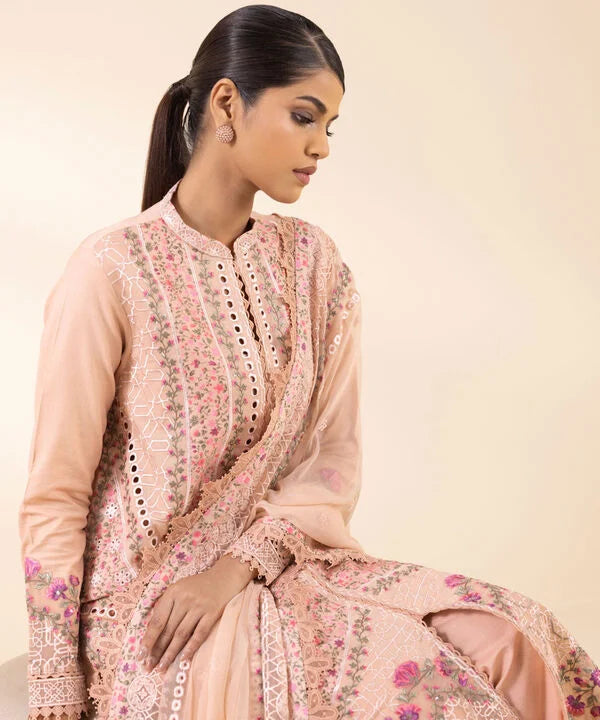 3 Piece - Embroidered Cotton Satin Suit