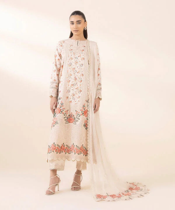 3 Piece - Embroidered Cotton Satin Suit