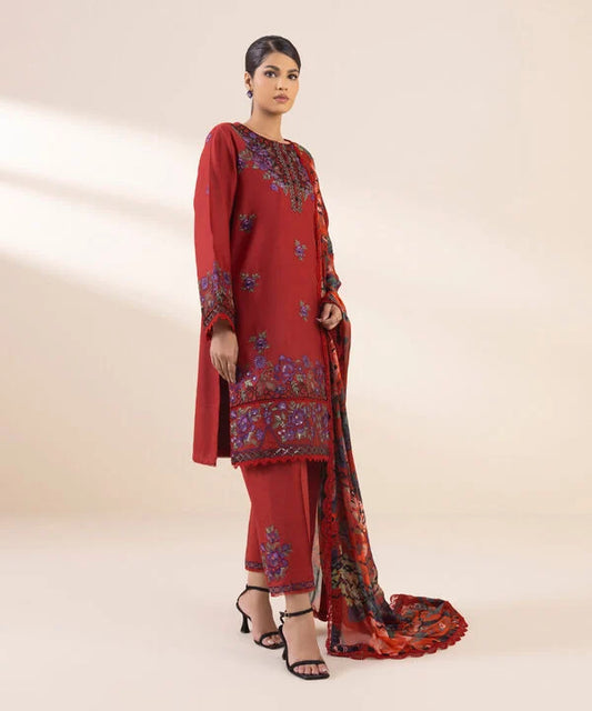 3 Piece - Embroidered Cotton Satin Suit