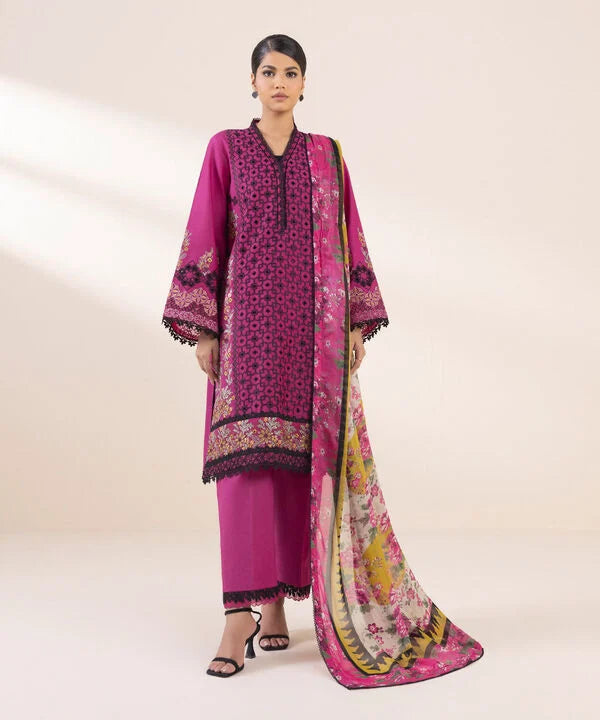 3 Piece - Embroidered Cotton Satin Suit