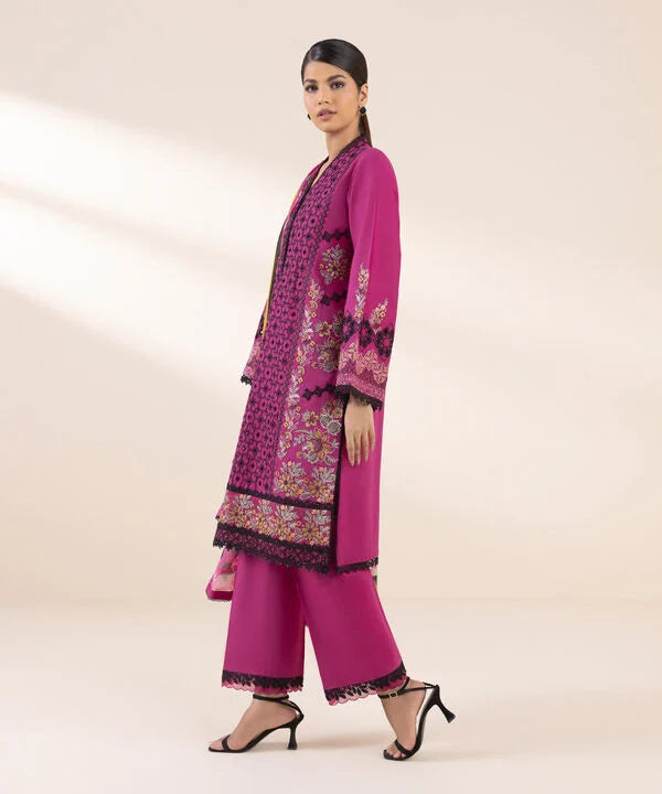 3 Piece - Embroidered Cotton Satin Suit