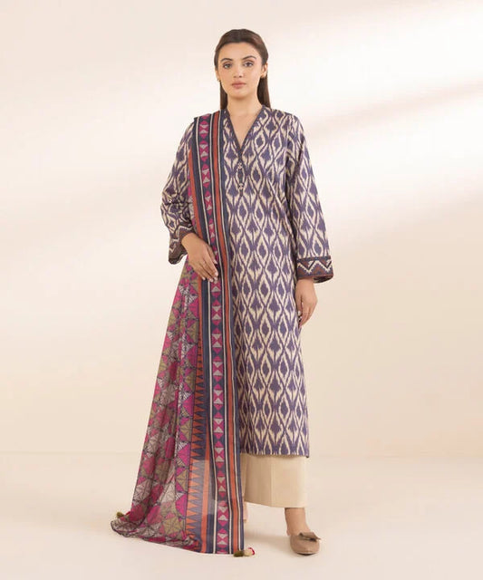 Purple Printed Lawn 3-Piece Suit with Multicolored Voile Dupatta & Beige Cotton Trouser