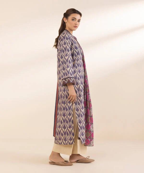 Purple Printed Lawn 3-Piece Suit with Multicolored Voile Dupatta & Beige Cotton Trouser