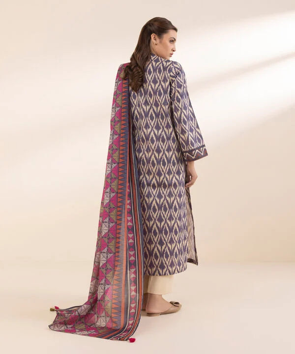 Purple Printed Lawn 3-Piece Suit with Multicolored Voile Dupatta & Beige Cotton Trouser