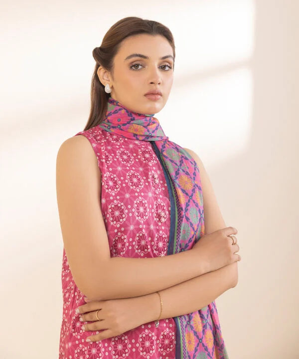 Shocking Pink Printed Lawn 3-Piece Suit with Multicolored Voile Dupatta & Matching Cotton Trouser