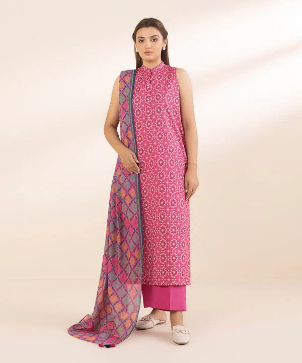 Shocking Pink Printed Lawn 3-Piece Suit with Multicolored Voile Dupatta & Matching Cotton Trouser