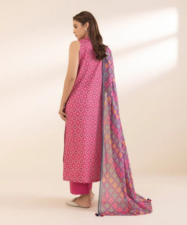 Shocking Pink Printed Lawn 3-Piece Suit with Multicolored Voile Dupatta & Matching Cotton Trouser