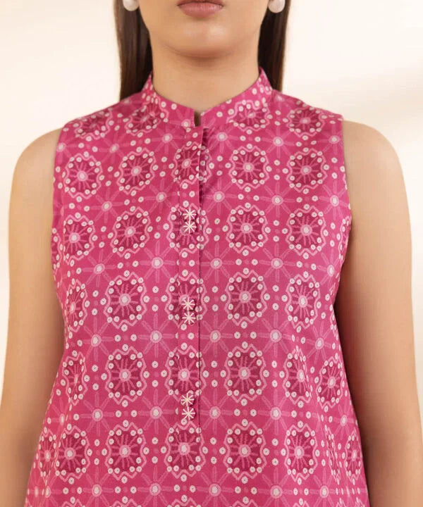 Shocking Pink Printed Lawn 3-Piece Suit with Multicolored Voile Dupatta & Matching Cotton Trouser