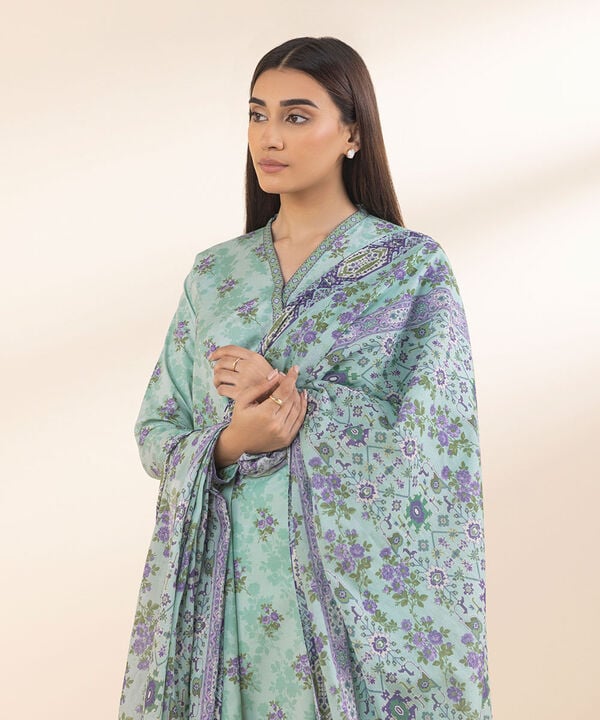 Ice Blue Printed Lawn 3-Piece Suit with Matching Voile Dupatta & Cotton Trouser