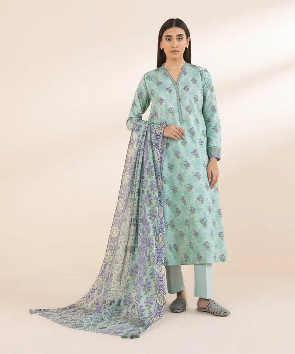 Ice Blue Printed Lawn 3-Piece Suit with Matching Voile Dupatta & Cotton Trouser