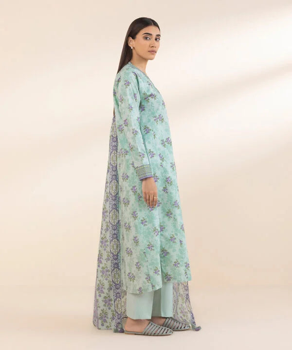 Ice Blue Printed Lawn 3-Piece Suit with Matching Voile Dupatta & Cotton Trouser